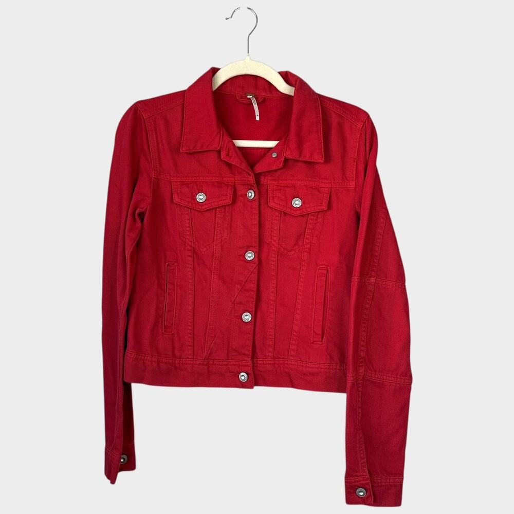 FREE PEOPLE Rumors Denim Jacket Strawberry Spritz Red Size XS NWT New - Picture 3 of 11